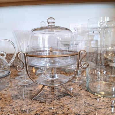 LOT 179: Easy Exotic Glass Kettle, Champagne Flutes, Metal 2-Tier Stand with Art Glass Bowls & More