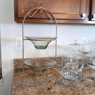 LOT 179: Easy Exotic Glass Kettle, Champagne Flutes, Metal 2-Tier Stand with Art Glass Bowls & More
