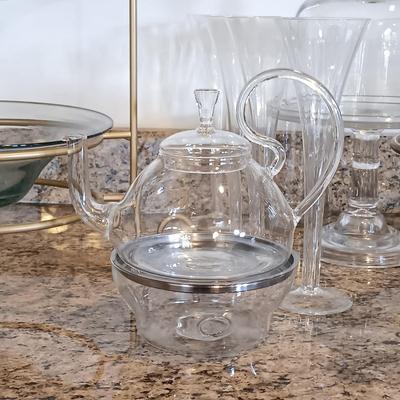 LOT 179: Easy Exotic Glass Kettle, Champagne Flutes, Metal 2-Tier Stand with Art Glass Bowls & More