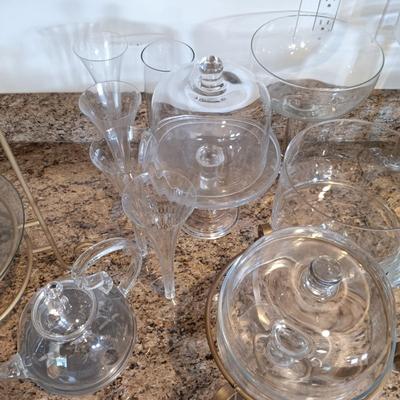 LOT 179: Easy Exotic Glass Kettle, Champagne Flutes, Metal 2-Tier Stand with Art Glass Bowls & More