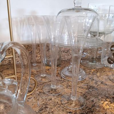 LOT 179: Easy Exotic Glass Kettle, Champagne Flutes, Metal 2-Tier Stand with Art Glass Bowls & More