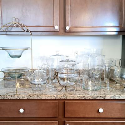 LOT 179: Easy Exotic Glass Kettle, Champagne Flutes, Metal 2-Tier Stand with Art Glass Bowls & More