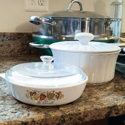 LOT 181: Simply Ming Wok and Steamer, Ravioli Plate, Corningware Le Persil & More