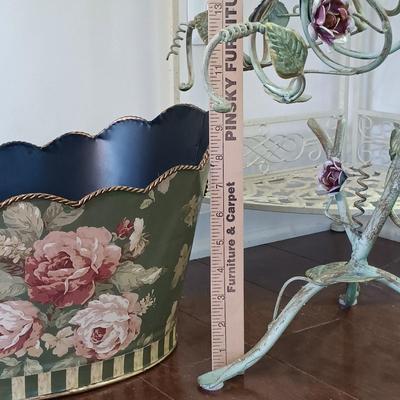 LOT 217: Collapsible Metal Plant Stand, Metal Wine Rack, Metal Basket & Textiles