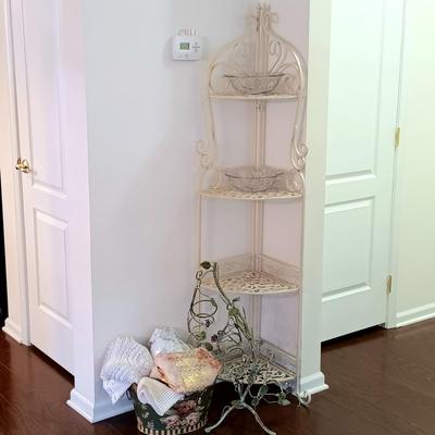 LOT 217: Collapsible Metal Plant Stand, Metal Wine Rack, Metal Basket & Textiles