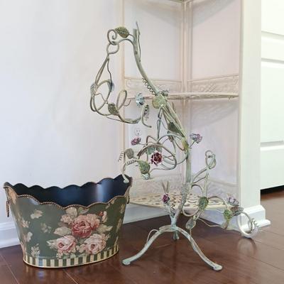 LOT 217: Collapsible Metal Plant Stand, Metal Wine Rack, Metal Basket & Textiles