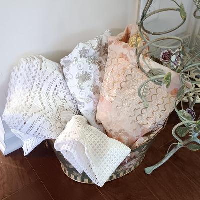 LOT 217: Collapsible Metal Plant Stand, Metal Wine Rack, Metal Basket & Textiles