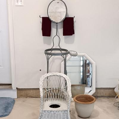 LOT 219: Vintage Metal Wire Shaving Stand with Mirror and Two Plant Holders