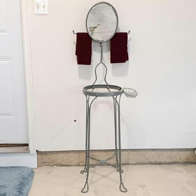 LOT 219: Vintage Metal Wire Shaving Stand with Mirror and Two Plant Holders