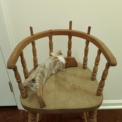 LOT 220: Carved Wood Panel with Individual Carved Pieces & Vintage High Chair