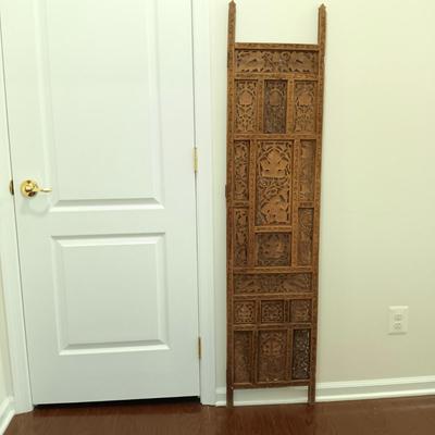 LOT 220: Carved Wood Panel with Individual Carved Pieces & Vintage High Chair