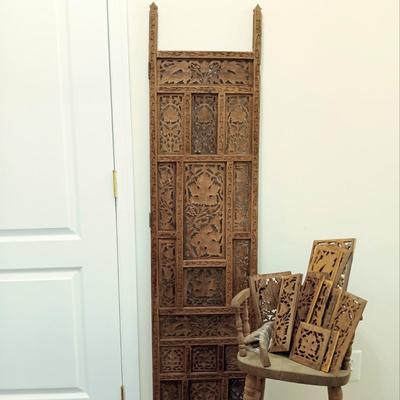 LOT 220: Carved Wood Panel with Individual Carved Pieces & Vintage High Chair