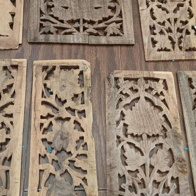 LOT 220: Carved Wood Panel with Individual Carved Pieces & Vintage High Chair