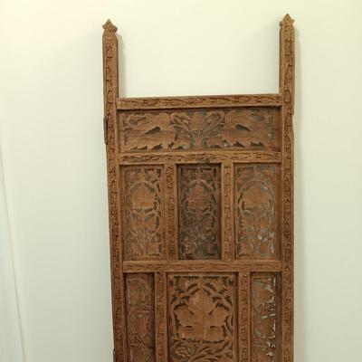 LOT 220: Carved Wood Panel with Individual Carved Pieces & Vintage High Chair