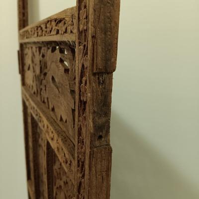 LOT 220: Carved Wood Panel with Individual Carved Pieces & Vintage High Chair