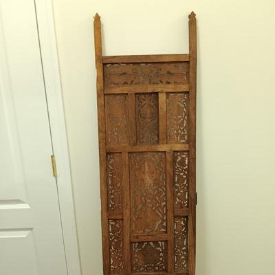 LOT 220: Carved Wood Panel with Individual Carved Pieces & Vintage High Chair