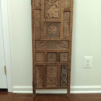 LOT 220: Carved Wood Panel with Individual Carved Pieces & Vintage High Chair