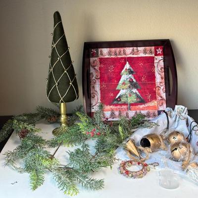 Sale Photo Thumbnail #342: Christmas Tree tray, Christmas Tree Plush, Faux pine tree sprays, metal bells. etc. In good condition.