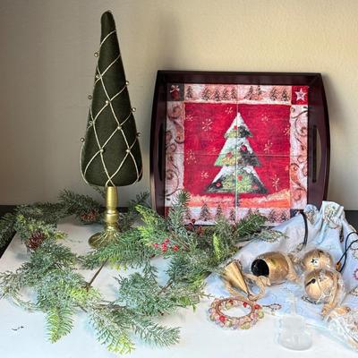 Sale Photo Thumbnail #343: Christmas Tree tray, Christmas Tree Plush, Faux pine tree sprays, metal bells. etc. In good condition.