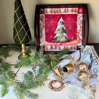 Sale Photo Thumbnail #344: Christmas Tree tray, Christmas Tree Plush, Faux pine tree sprays, metal bells. etc. In good condition.