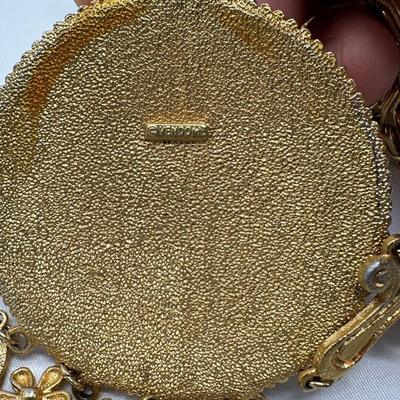 Vintage VENDOME Etruscan Revival White Wash Gold Tone Large Pendant Necklace