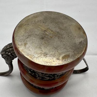CHINESE TIBETAN SILVER CARVED JADE ENAMEL TEA POT
