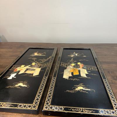 Vintage Japanese Black Lacquer And Stone Wood Panel Decor- FREE NATIONWIDE SHIPPING FOR ALL LOTS