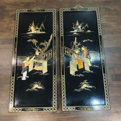 Vintage Japanese Black Lacquer And Stone Wood Panel Decor- FREE NATIONWIDE SHIPPING FOR ALL LOTS