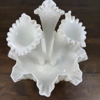 Vintage White Fenton Hobnail Milk Glass Epergne Vase Ruffled Bowl- FREE NATIONWIDE SHIPPING FOR ALL LOTS