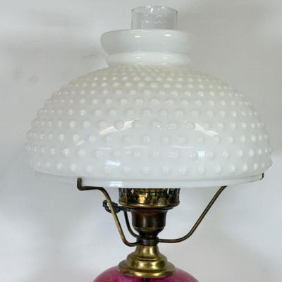 LOT 123: Etched Cranberry Glass and Brass Lamp
