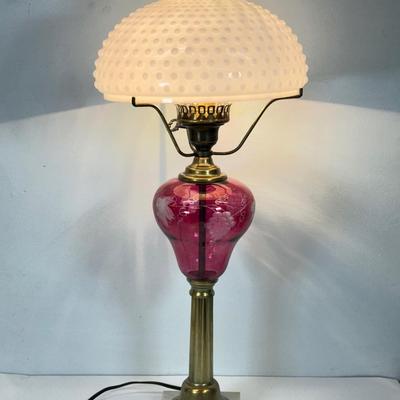 LOT 123: Etched Cranberry Glass and Brass Lamp