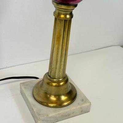 LOT 123: Etched Cranberry Glass and Brass Lamp