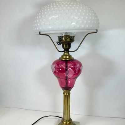 LOT 123: Etched Cranberry Glass and Brass Lamp