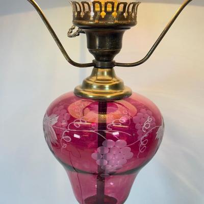 LOT 123: Etched Cranberry Glass and Brass Lamp