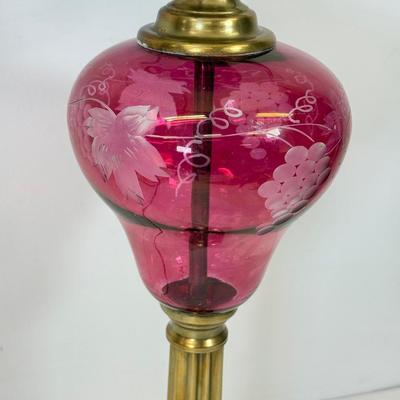 LOT 123: Etched Cranberry Glass and Brass Lamp