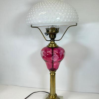 LOT 123: Etched Cranberry Glass and Brass Lamp