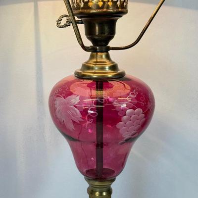 LOT 123: Etched Cranberry Glass and Brass Lamp
