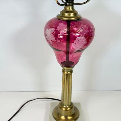 LOT 123: Etched Cranberry Glass and Brass Lamp