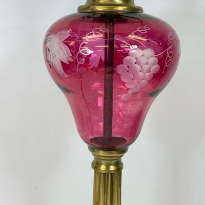 LOT 123: Etched Cranberry Glass and Brass Lamp