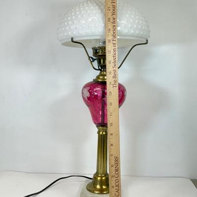 LOT 123: Etched Cranberry Glass and Brass Lamp
