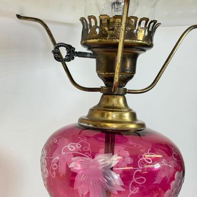 LOT 123: Etched Cranberry Glass and Brass Lamp