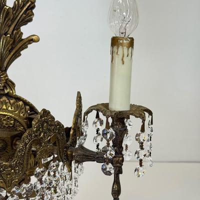 LOT:: Antique Brass & Crystal Wall Sconce 15”
