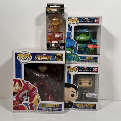 LOT 171: Four Marvel Funko Pops: Hulk Buster (294), Hulk (241), Bruce Banner (250), & Hulk Pez Dispenser