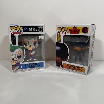 LOT 172: Two DC Funko Pops: The Joker (414) & Bloodsport (1109)