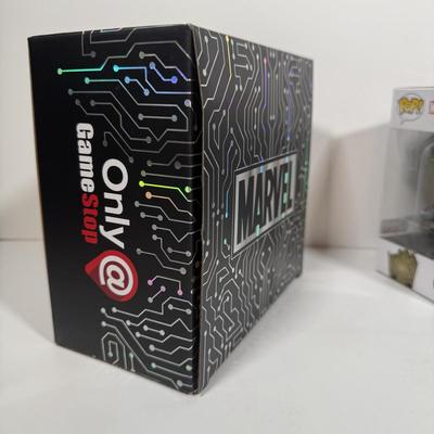 LOT 174: 4 Marvel Funko Pops & 1 Box: Groot Gamer (539), Gamestop Collectable Marvel Box, Ebony Maw (291), Corvus Glaive (290), &...