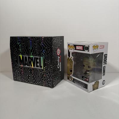 LOT 174: 4 Marvel Funko Pops & 1 Box: Groot Gamer (539), Gamestop Collectable Marvel Box, Ebony Maw (291), Corvus Glaive (290), &...