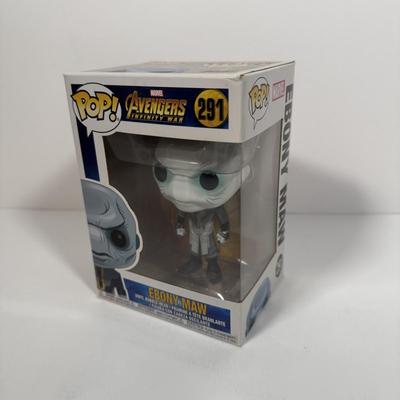 LOT 174: 4 Marvel Funko Pops & 1 Box: Groot Gamer (539), Gamestop Collectable Marvel Box, Ebony Maw (291), Corvus Glaive (290), &...
