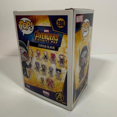 LOT 174: 4 Marvel Funko Pops & 1 Box: Groot Gamer (539), Gamestop Collectable Marvel Box, Ebony Maw (291), Corvus Glaive (290), &...