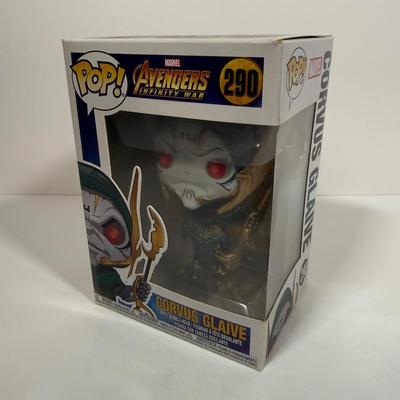 LOT 174: 4 Marvel Funko Pops & 1 Box: Groot Gamer (539), Gamestop Collectable Marvel Box, Ebony Maw (291), Corvus Glaive (290), &...