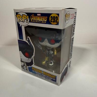 LOT 174: 4 Marvel Funko Pops & 1 Box: Groot Gamer (539), Gamestop Collectable Marvel Box, Ebony Maw (291), Corvus Glaive (290), &...